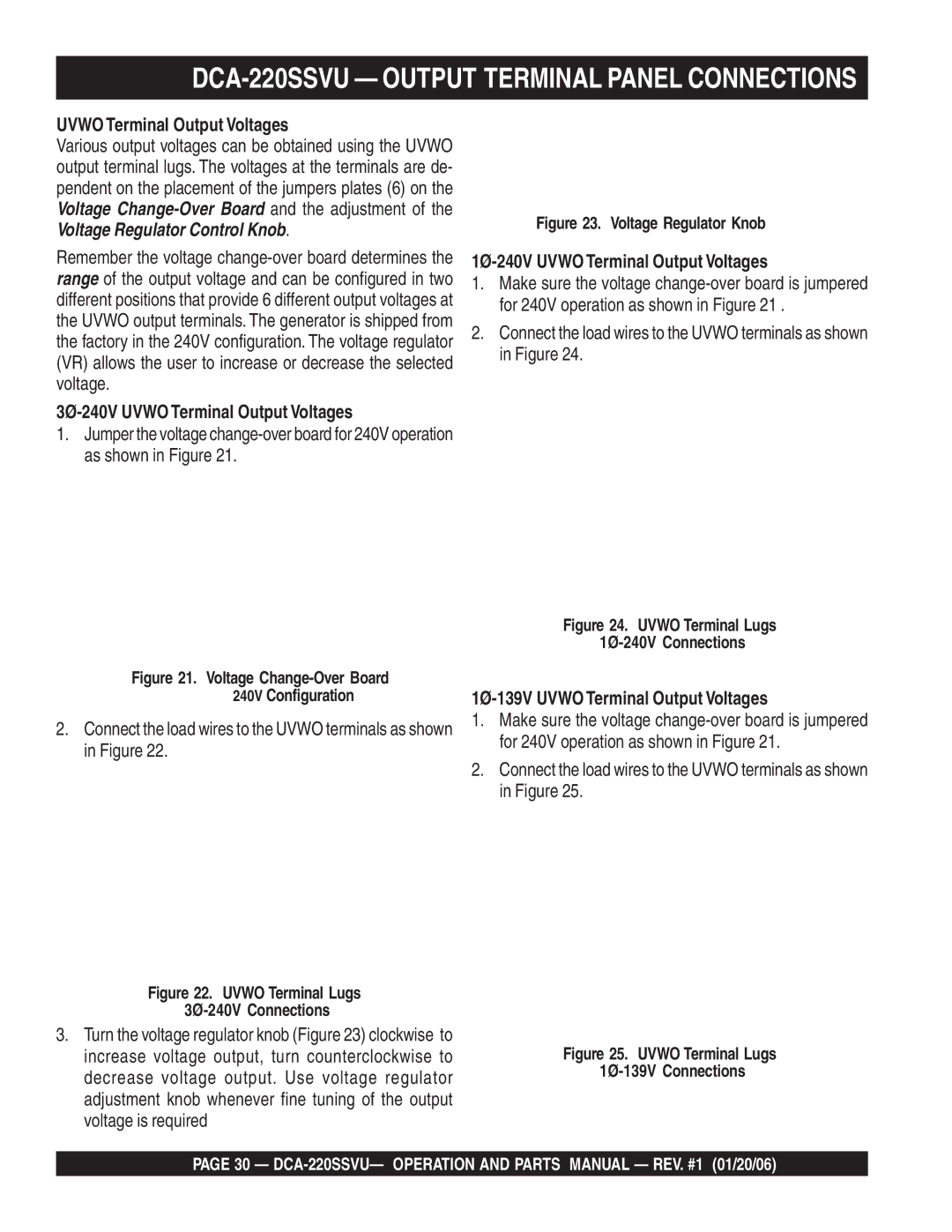 Multiquip operation manual DCA-220SSVU Output Terminal Panel Connections, Uvwo Terminal Output Voltages 