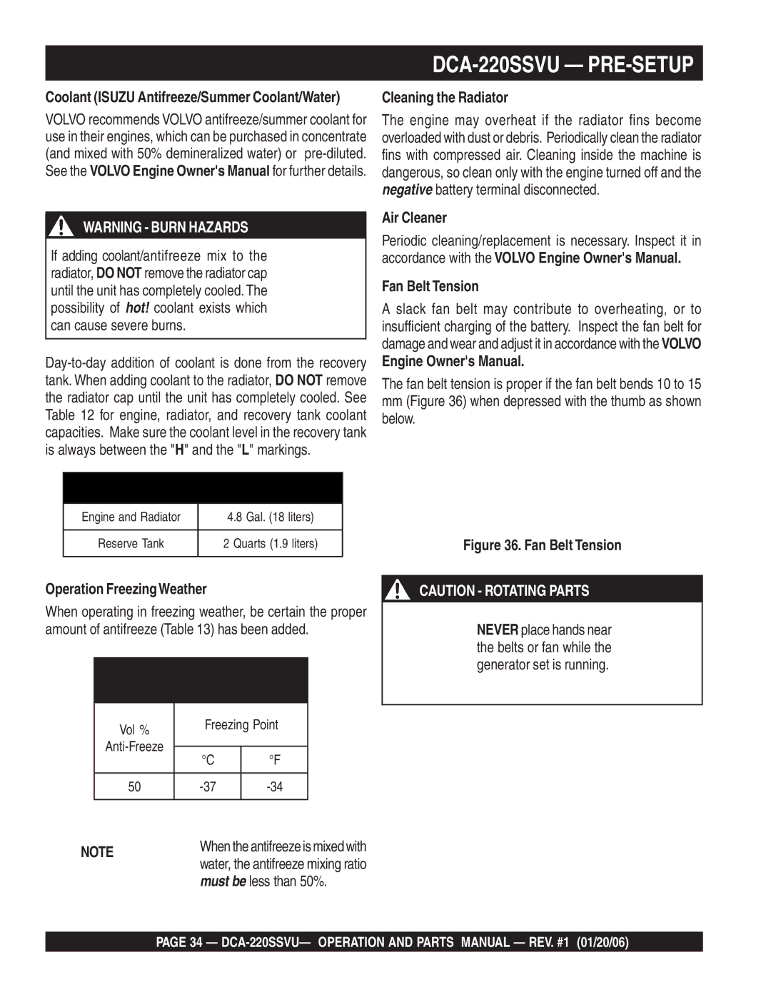 Multiquip DCA-220SSVU operation manual Cleaning the Radiator, Operation FreezingWeather, Air Cleaner Fan Belt Tension 