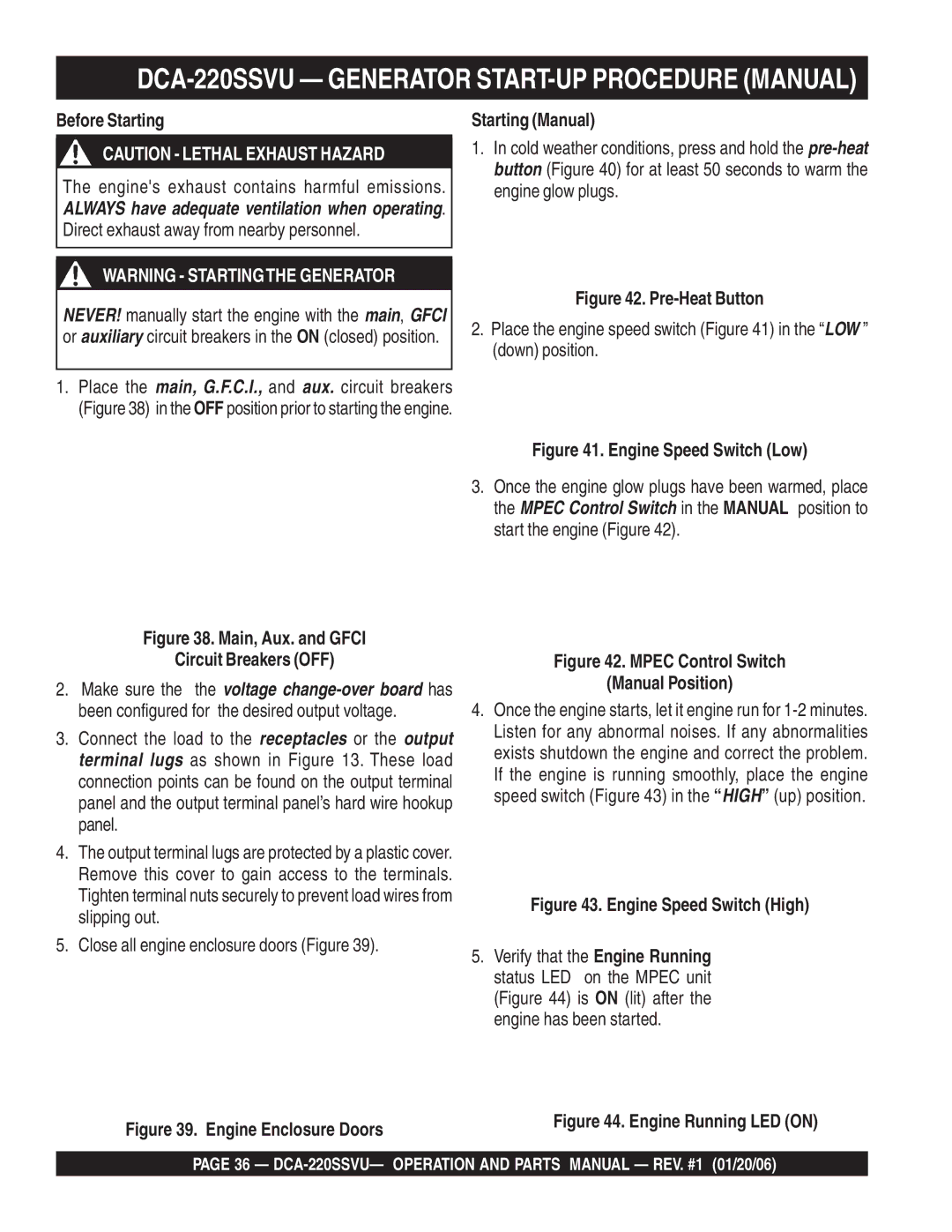 Multiquip operation manual DCA-220SSVU Generator START-UP Procedure Manual, Before Starting, Starting Manual 