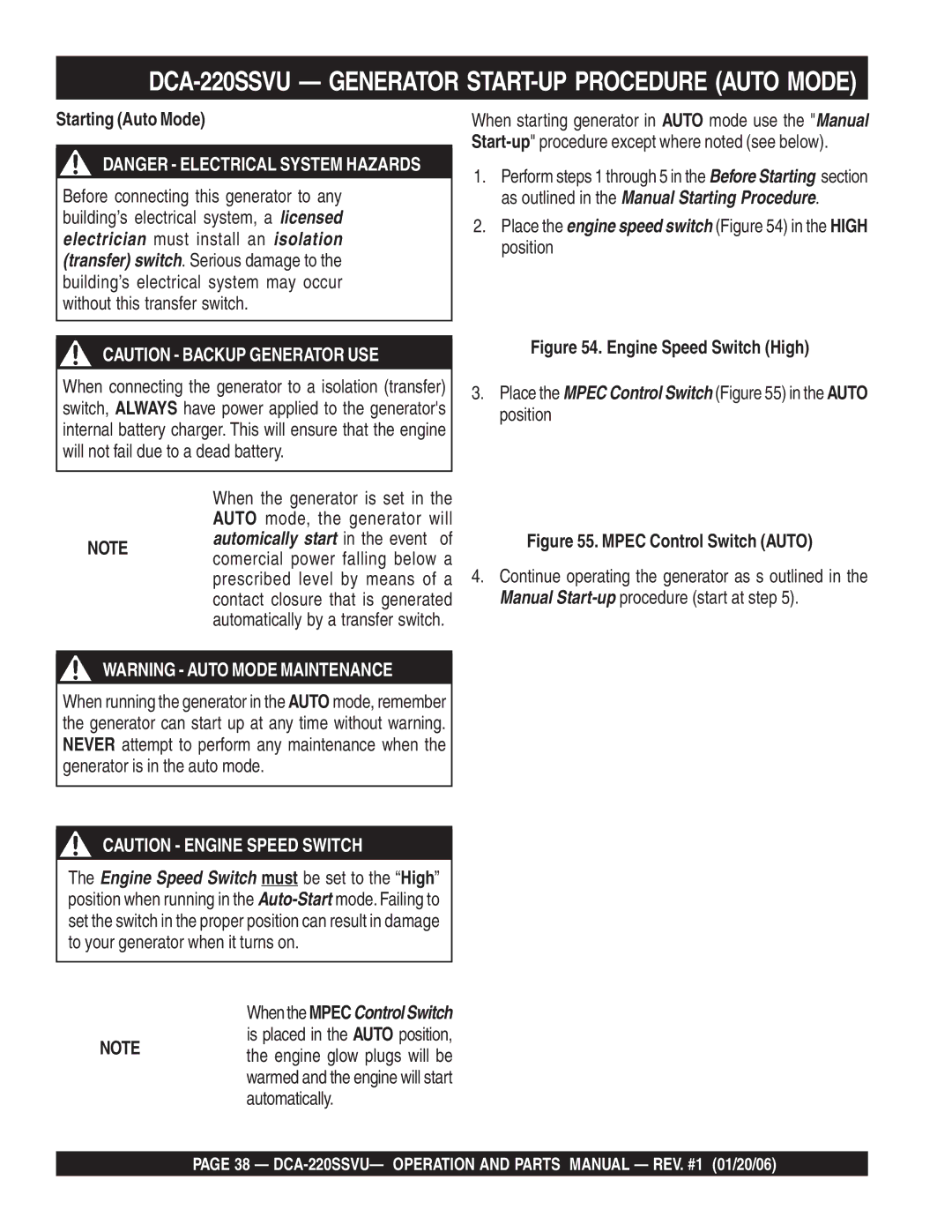 Multiquip DCA-220SSVU operation manual Starting Auto Mode, Mpec Control Switch Auto 