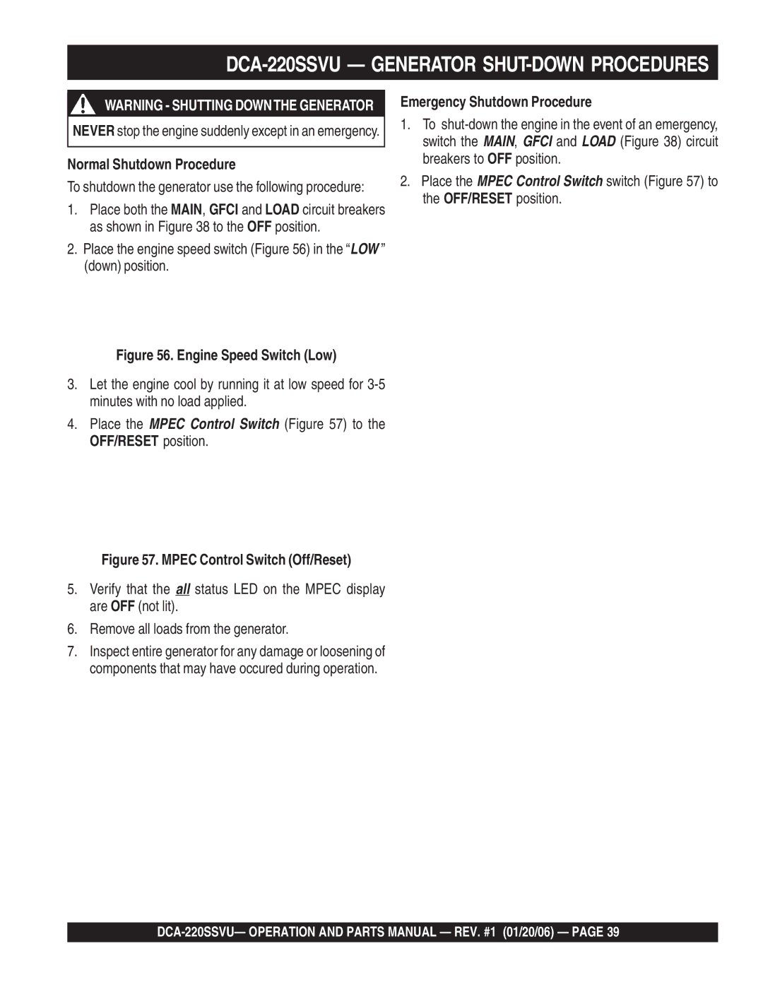 Multiquip DCA-220SSVU operation manual Normal Shutdown Procedure, Emergency Shutdown Procedure 