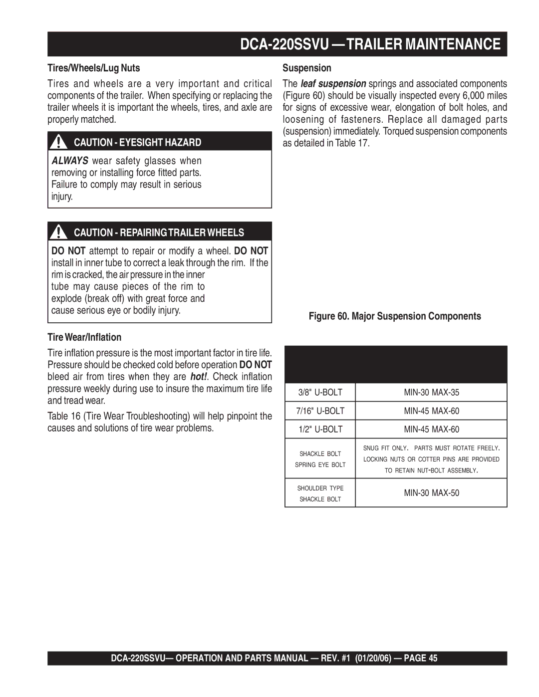 Multiquip DCA-220SSVU operation manual Tires/Wheels/Lug Nuts, TireWear/Inflation, Suspension 