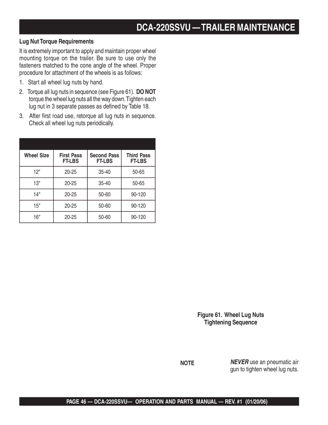 Multiquip operation manual DCA-220SSVU -TRAILER Maintenance, Lug Nut Torque Requirements 