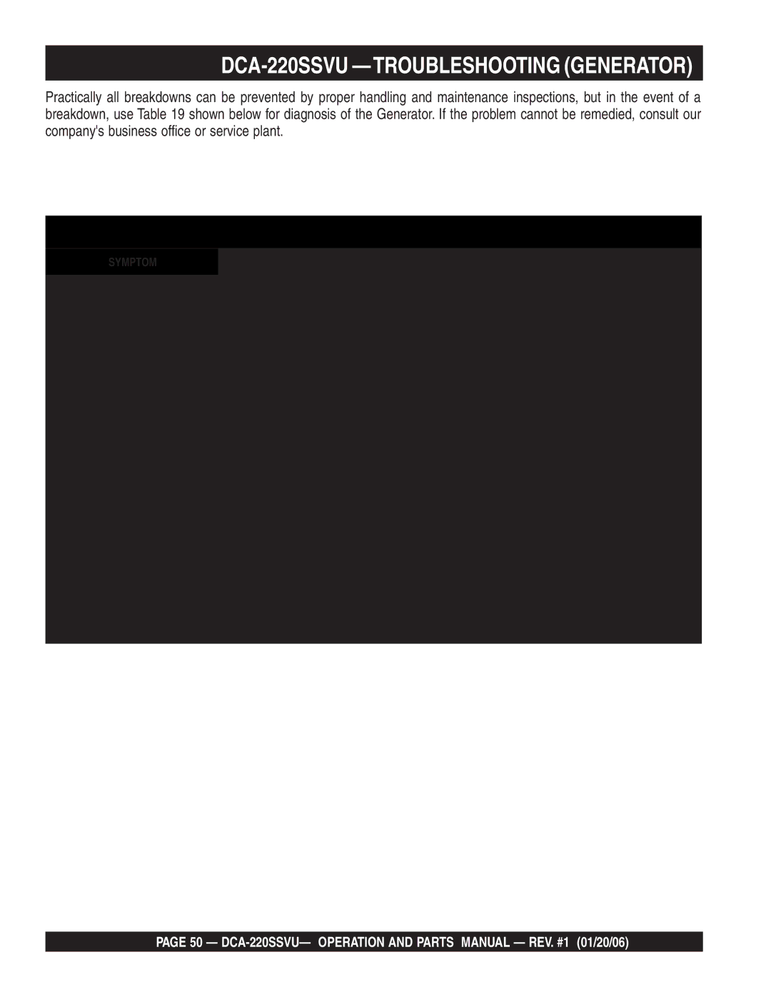 Multiquip operation manual DCA-220SSVU -TROUBLESHOOTING Generator, Generator Troubleshooting 