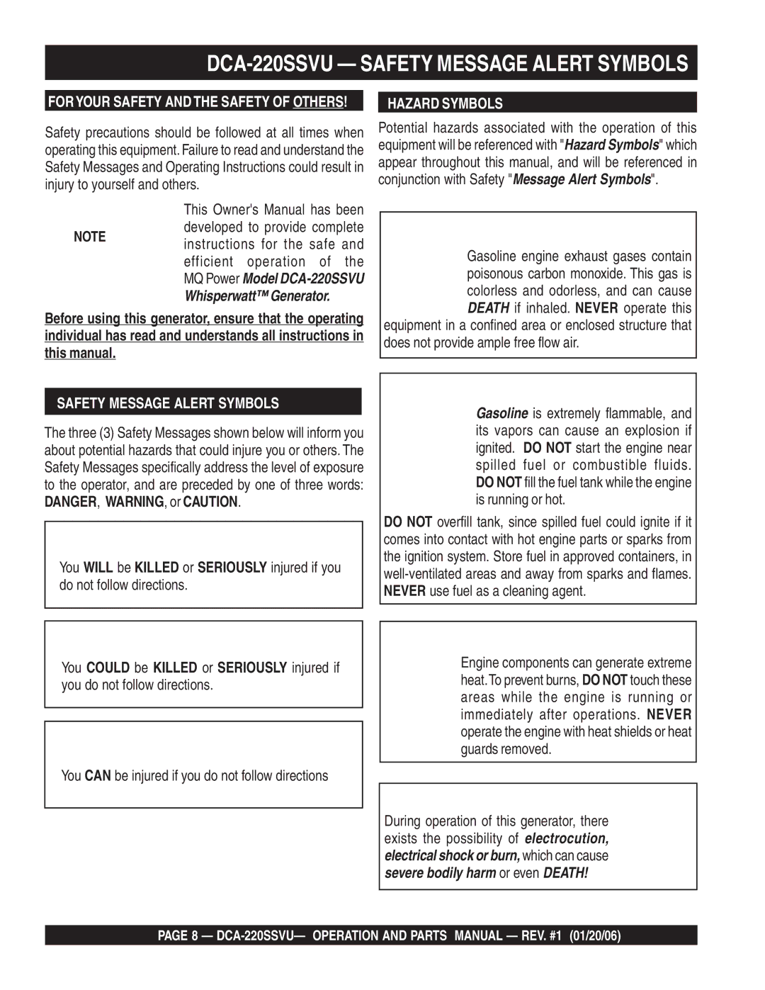 Multiquip operation manual DCA-220SSVU Safety Message Alert Symbols, Hazard Symbols 