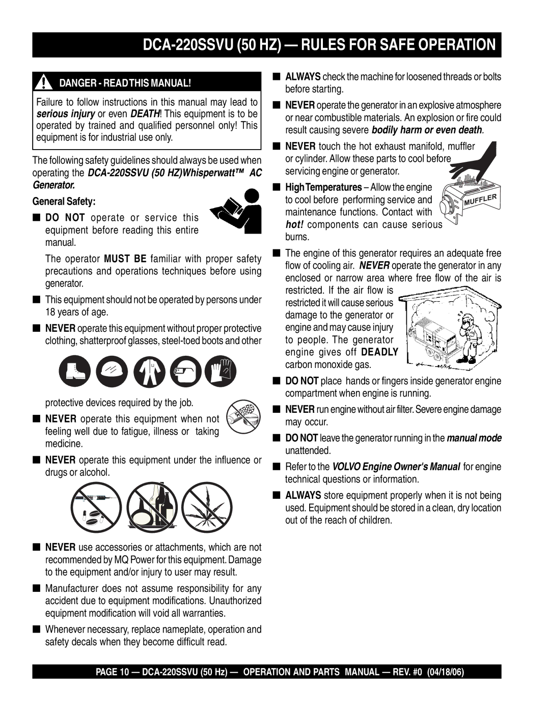 Multiquip operation manual DCA-220SSVU 50 HZ Rules for Safe Operation, General Safety 