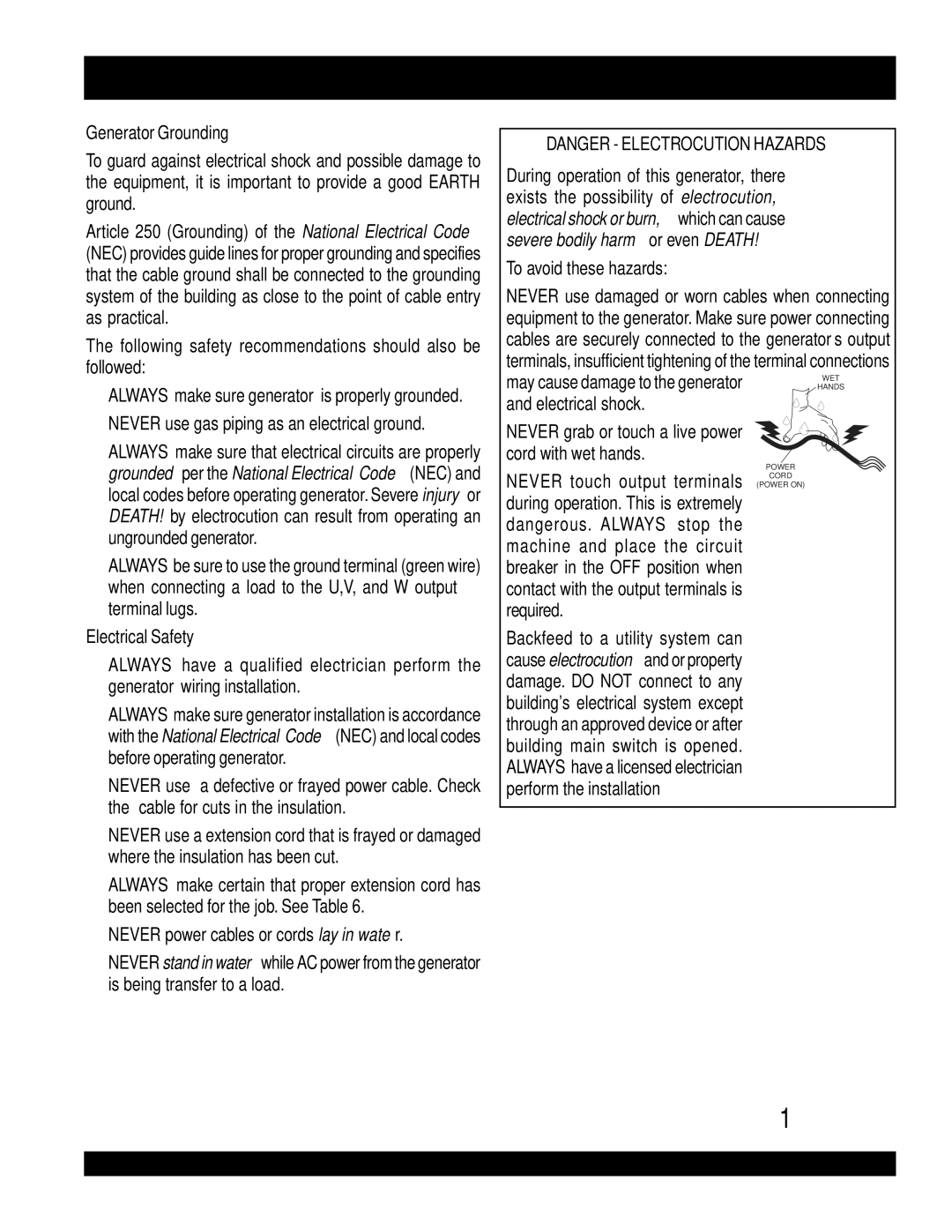 Multiquip operation manual DCA-220SSVU 50 HZ Rules for Safe Operation, Generator Grounding, Electrical Safety 