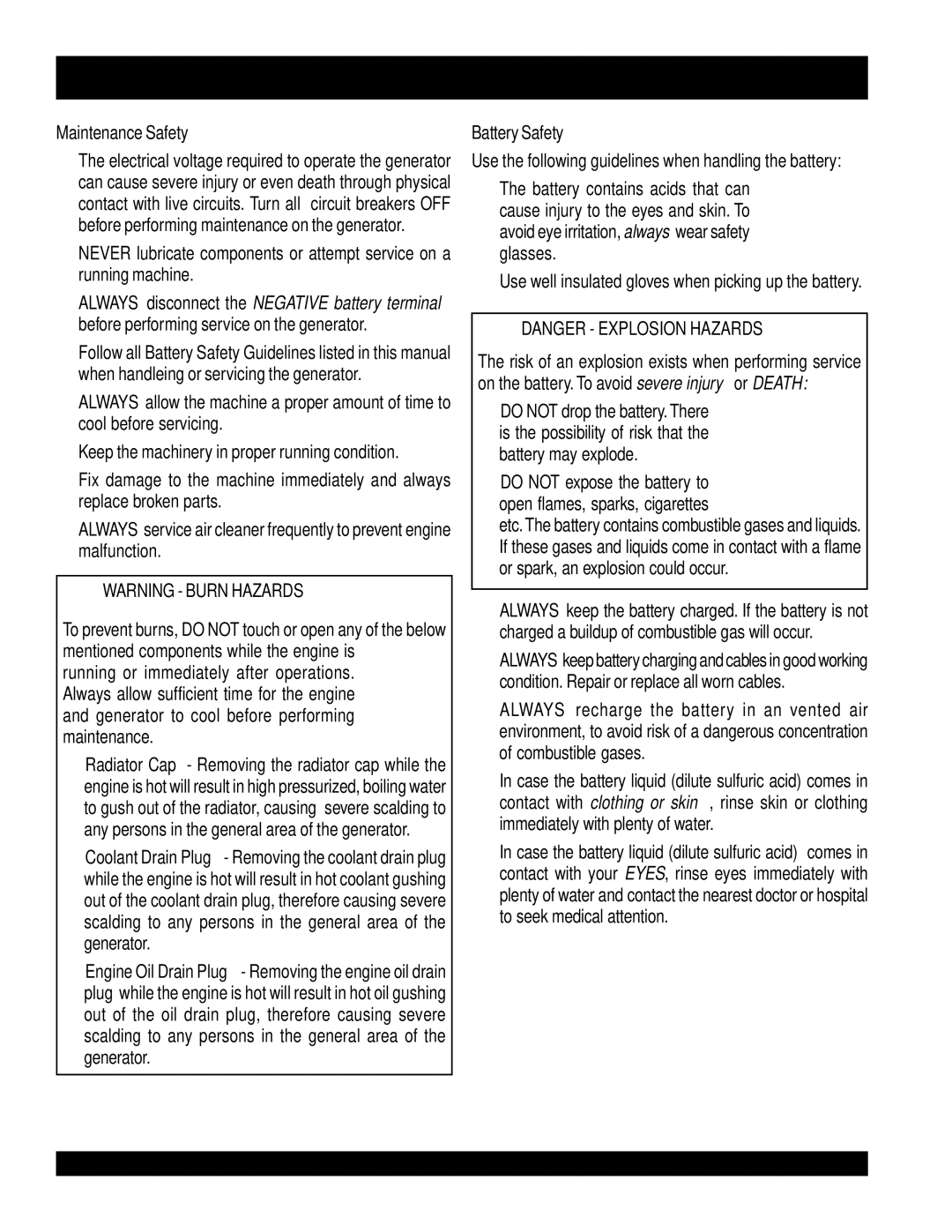 Multiquip DCA-220SSVU operation manual Maintenance Safety, Battery Safety 