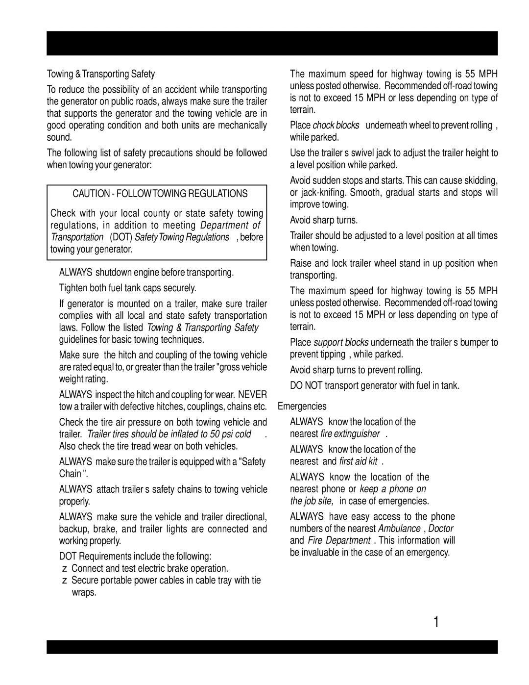 Multiquip DCA-220SSVU operation manual Towing &Transporting Safety, Emergencies 