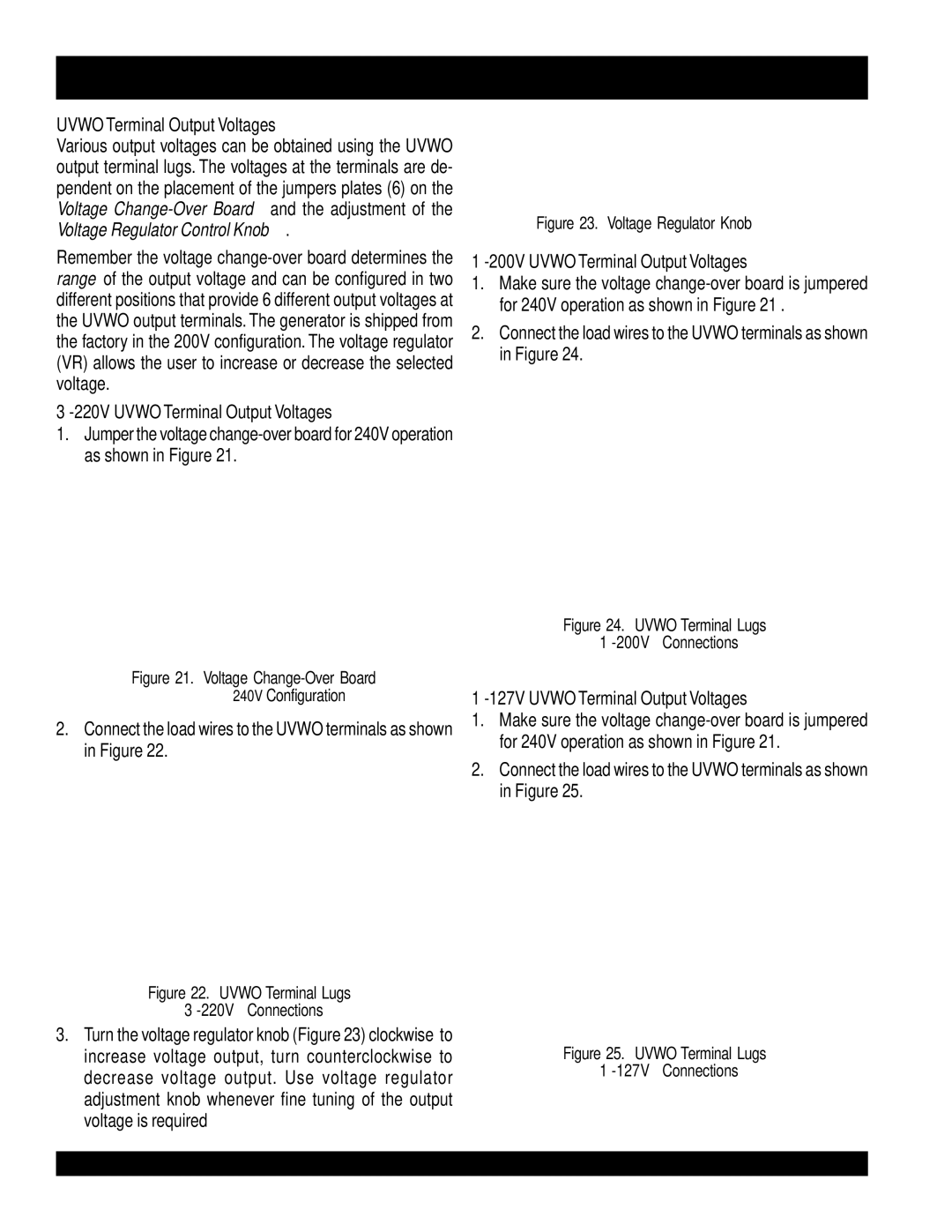 Multiquip operation manual DCA-220SSVU 50 HZ Output Terminal Panel Connections, Uvwo Terminal Output Voltages 