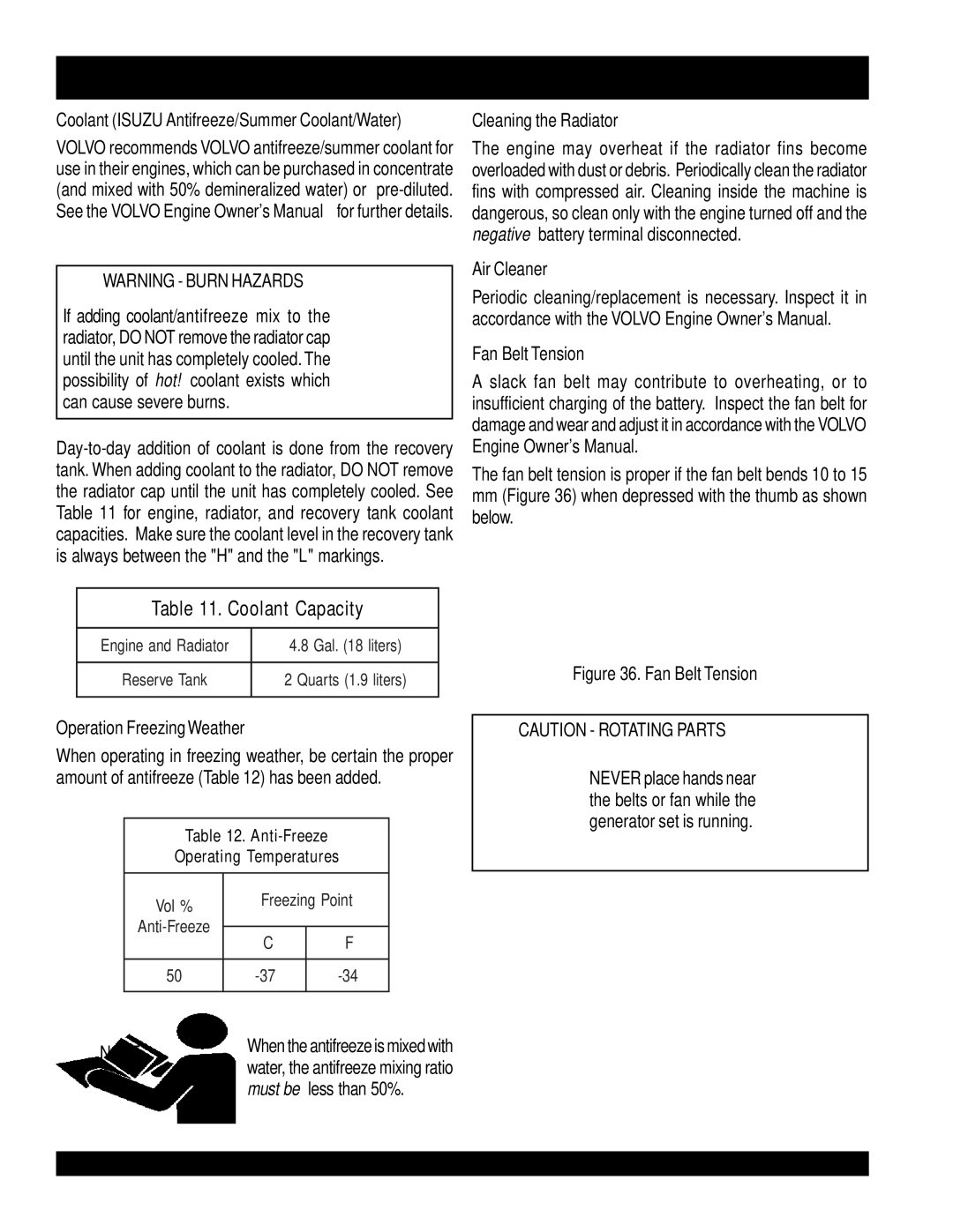 Multiquip DCA-220SSVU operation manual Cleaning the Radiator, Air Cleaner Fan Belt Tension, Operation FreezingWeather 