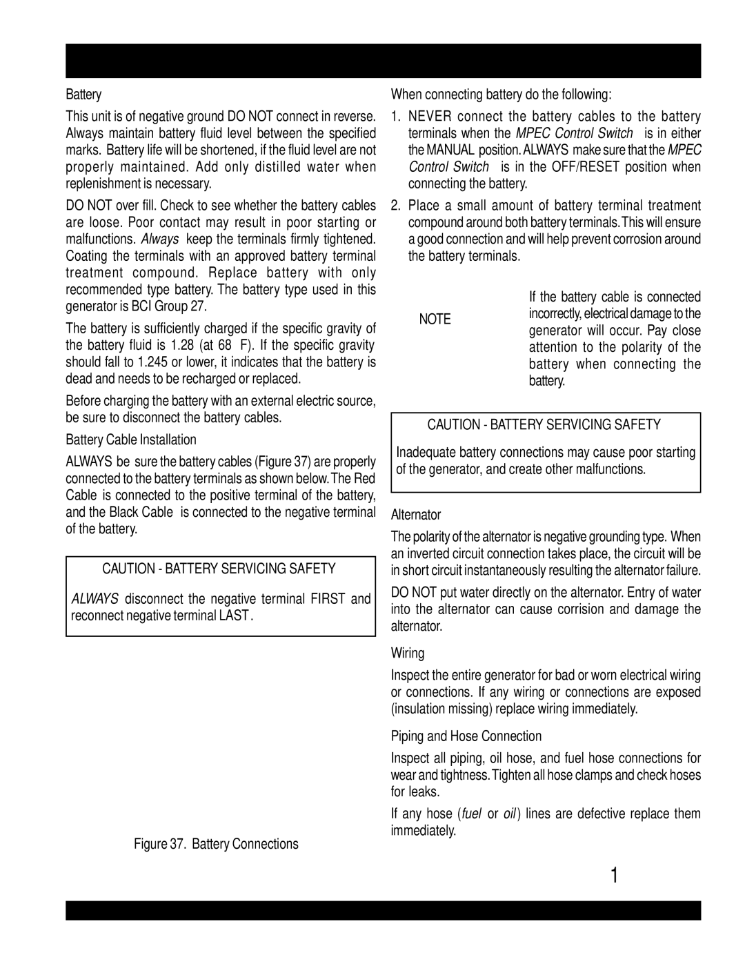 Multiquip DCA-220SSVU operation manual Battery Cable Installation, Alternator, Wiring, Piping and Hose Connection 