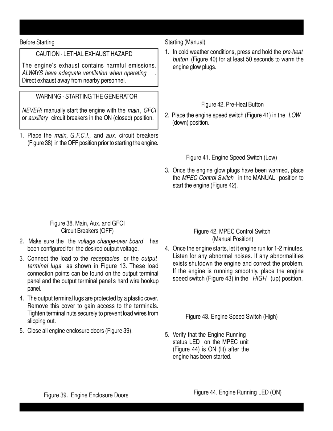 Multiquip operation manual DCA-220SSVU 50 HZ- Generator START-UP Procedure Manual, Before Starting, Starting Manual 