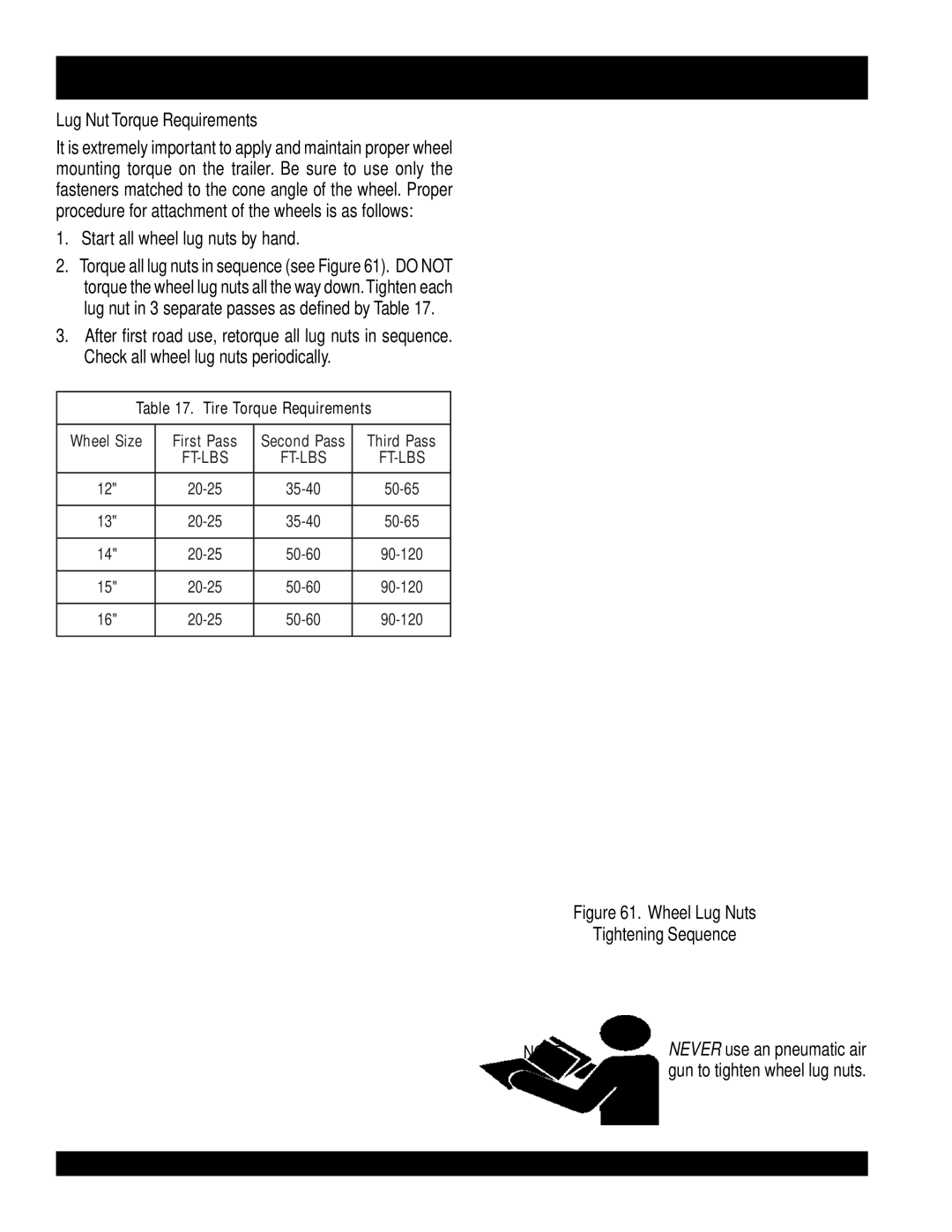 Multiquip DCA-220SSVU 50 HZ-TRAILER Maintenance, Lug Nut Torque Requirements, Start all wheel lug nuts by hand 