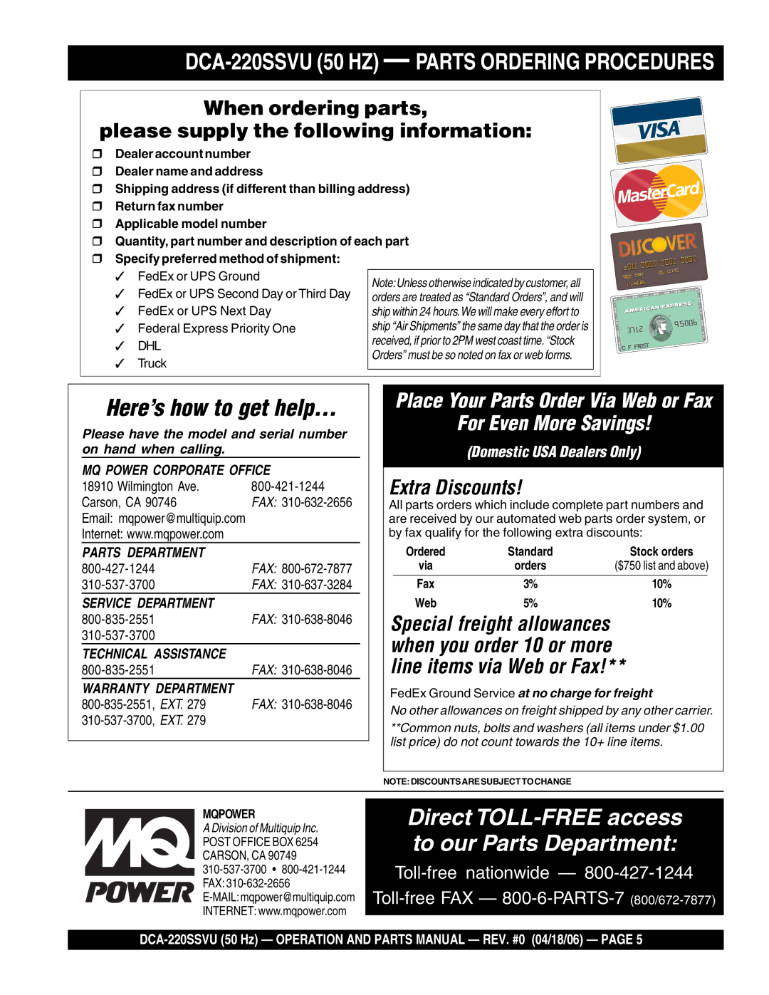 Multiquip DCA-220SSVU 50 HZ Parts Ordering Procedures, When ordering parts Please supply the following information 