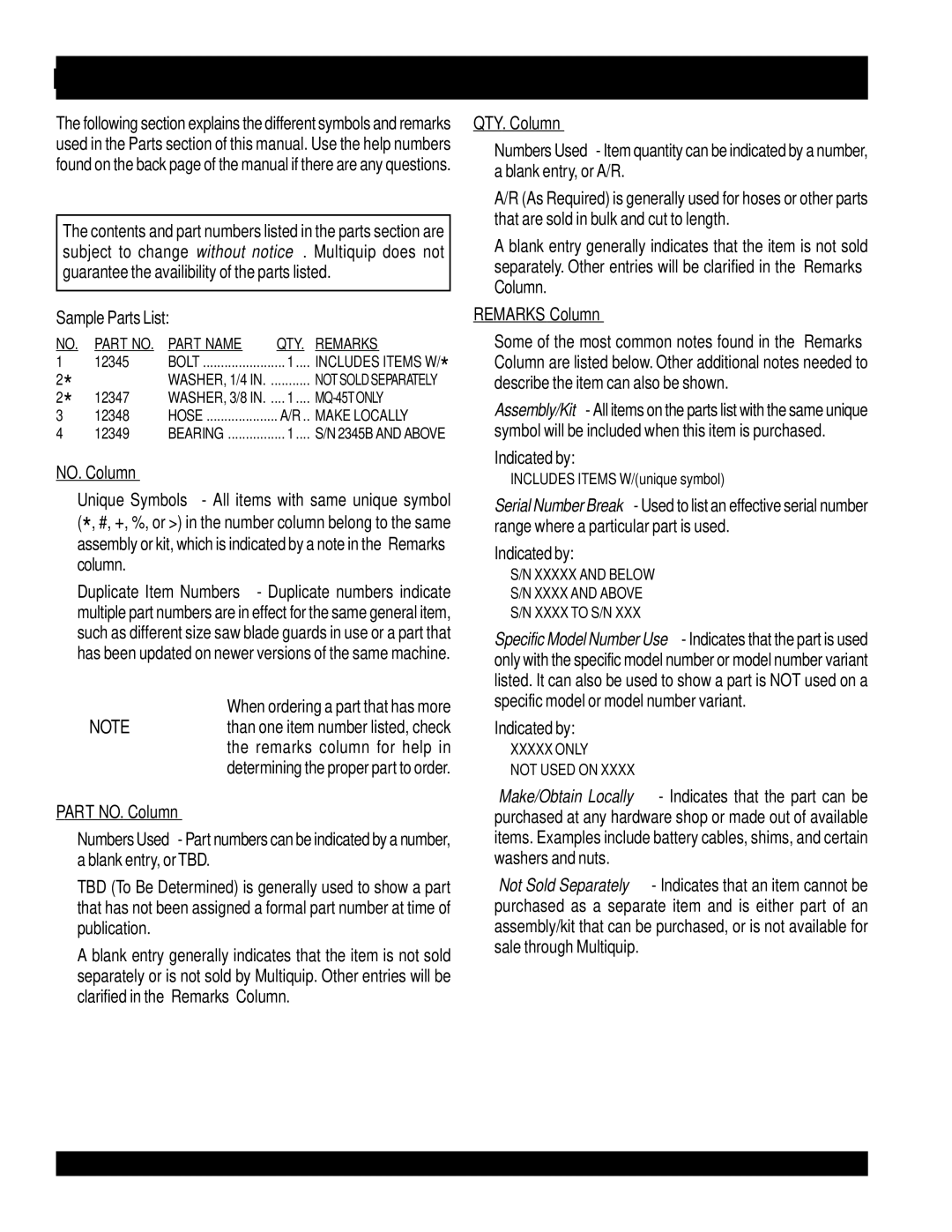 Multiquip operation manual DCA-220SSVU 50 HZ Explanation of Code in Remarks Column, Sample Parts List 