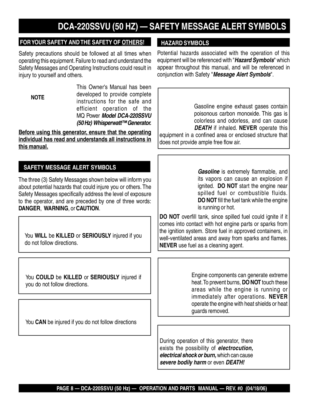 Multiquip operation manual DCA-220SSVU 50 HZ Safety Message Alert Symbols, Hazard Symbols 