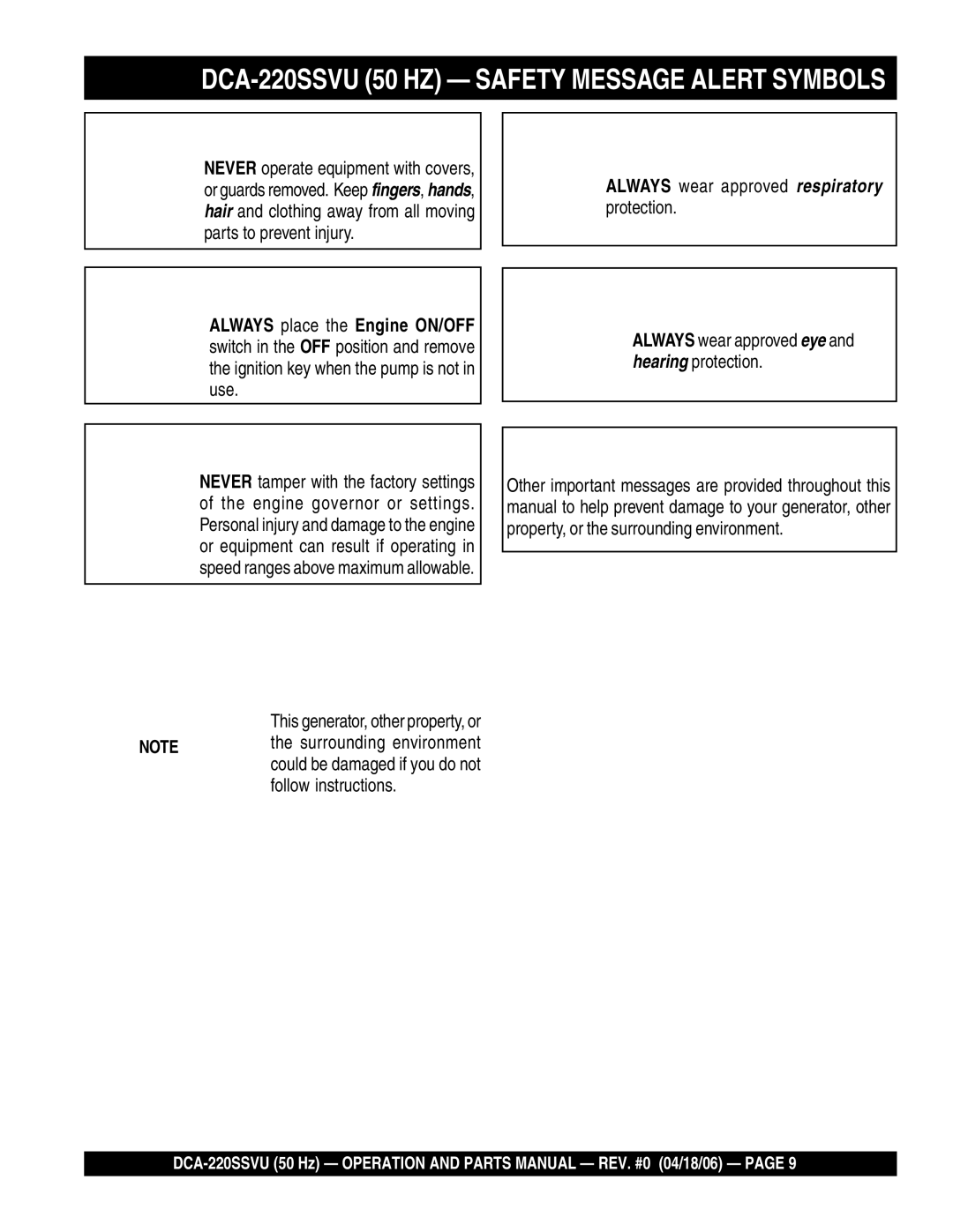 Multiquip operation manual DCA-220SSVU 50 HZ Safety Message Alert Symbols, This generator, other property, or 