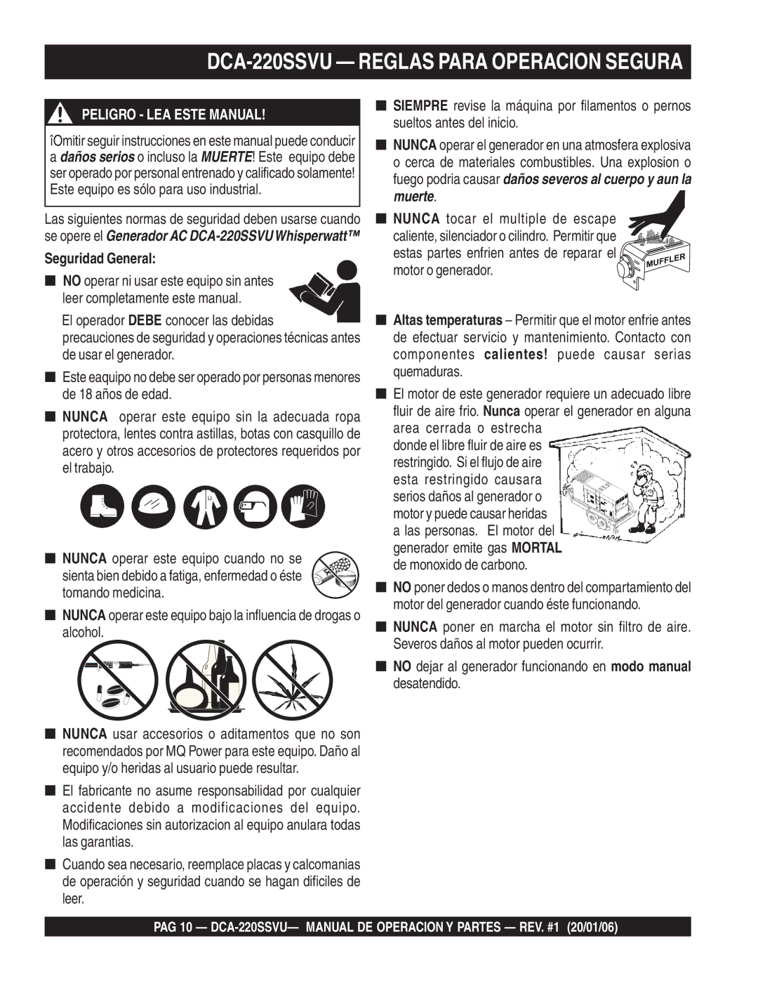 Multiquip operation manual DCA-220SSVU Reglas Para Operacion Segura, Peligro LEA Este Manual, Seguridad General 