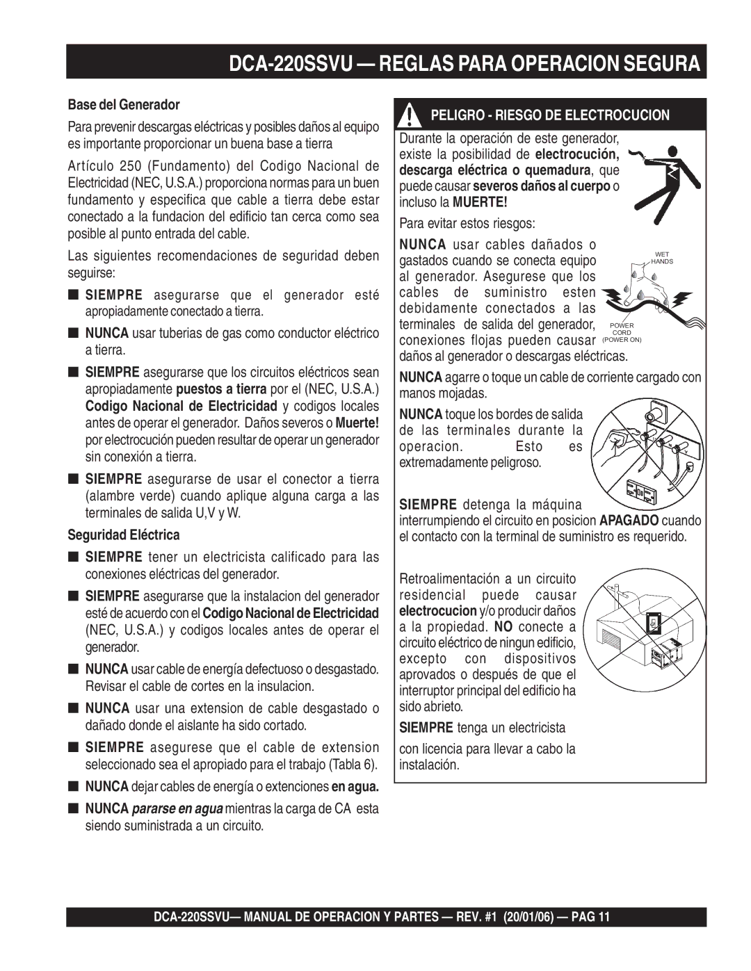 Multiquip operation manual DCA-220SSVU Reglas Para Operacion Segura, Base del Generador, Seguridad Eléctrica 