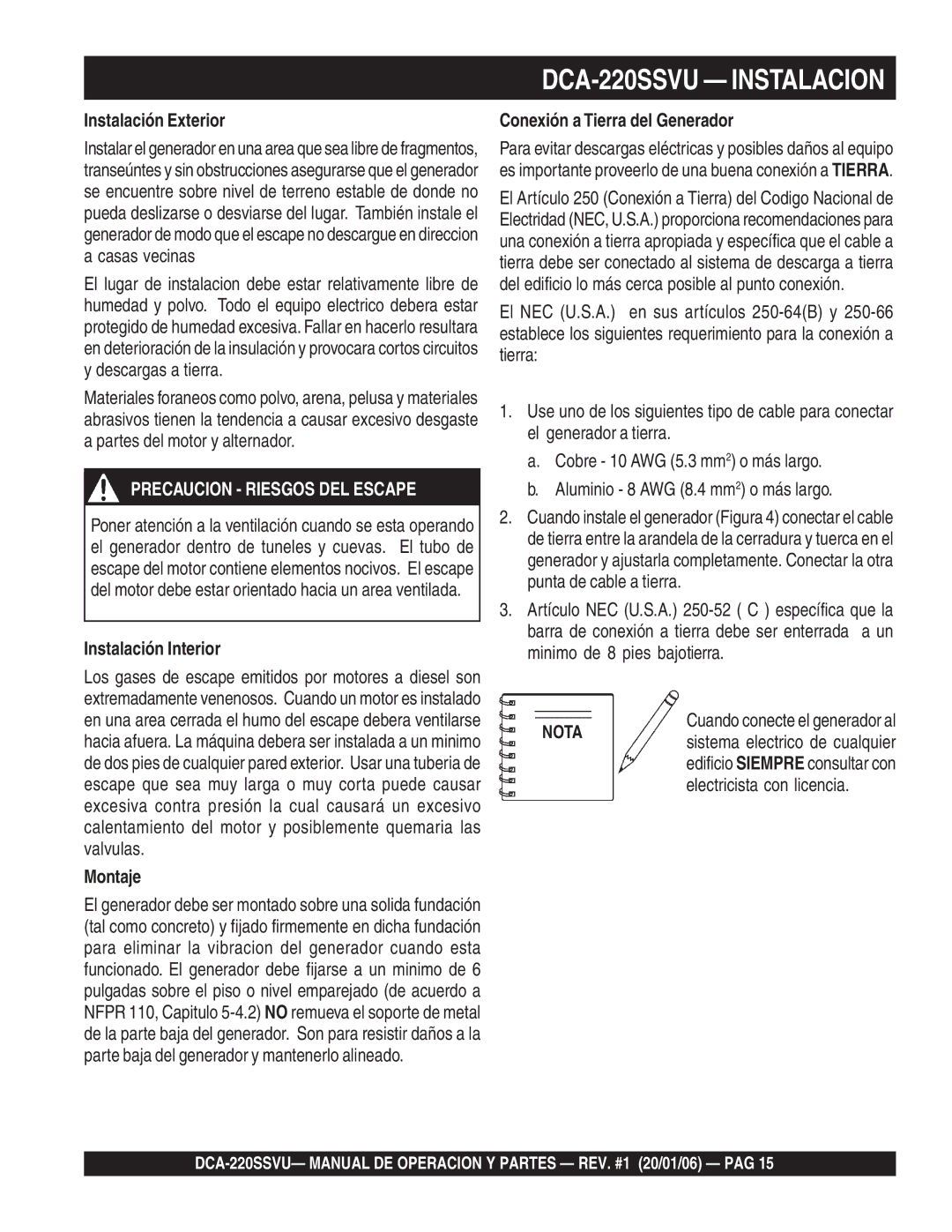 Multiquip operation manual DCA-220SSVU Instalacion, Precaucion Riesgos DEL Escape 