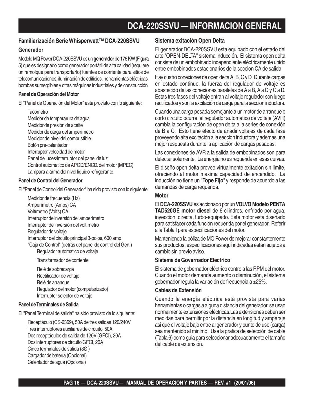 Multiquip operation manual DCA-220SSVU Informacion General, Sistema exitación Open Delta 