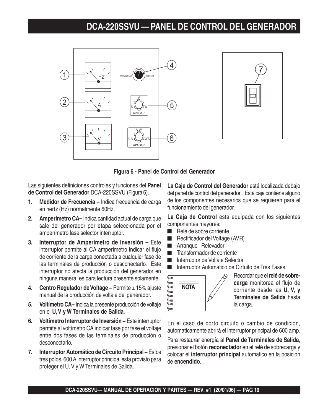 Multiquip operation manual DCA-220SSVU Panel DE Control DEL Generador, Figura 6 Panel de Control del Generador 