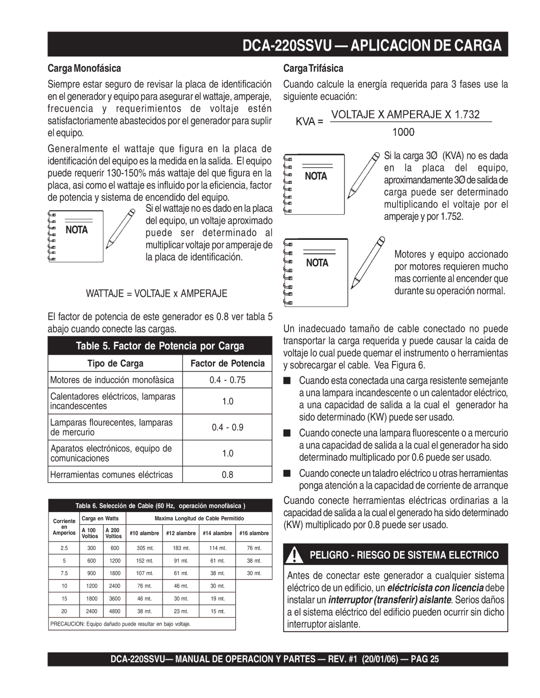 Multiquip operation manual DCA-220SSVU Aplicacion DE Carga, Carga Monofásica, CargaTrifásica, Motores y equipo accionado 