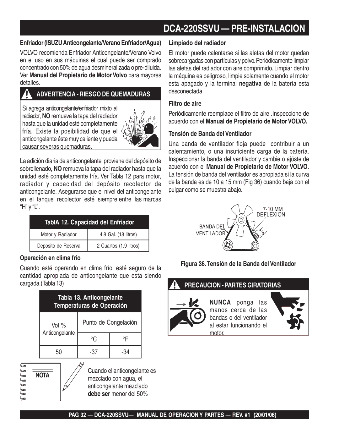 Multiquip DCA-220SSVU Limpiado del radiador, Filtro de aire, Tensión de Banda del Ventilador, Operación en clima frío 