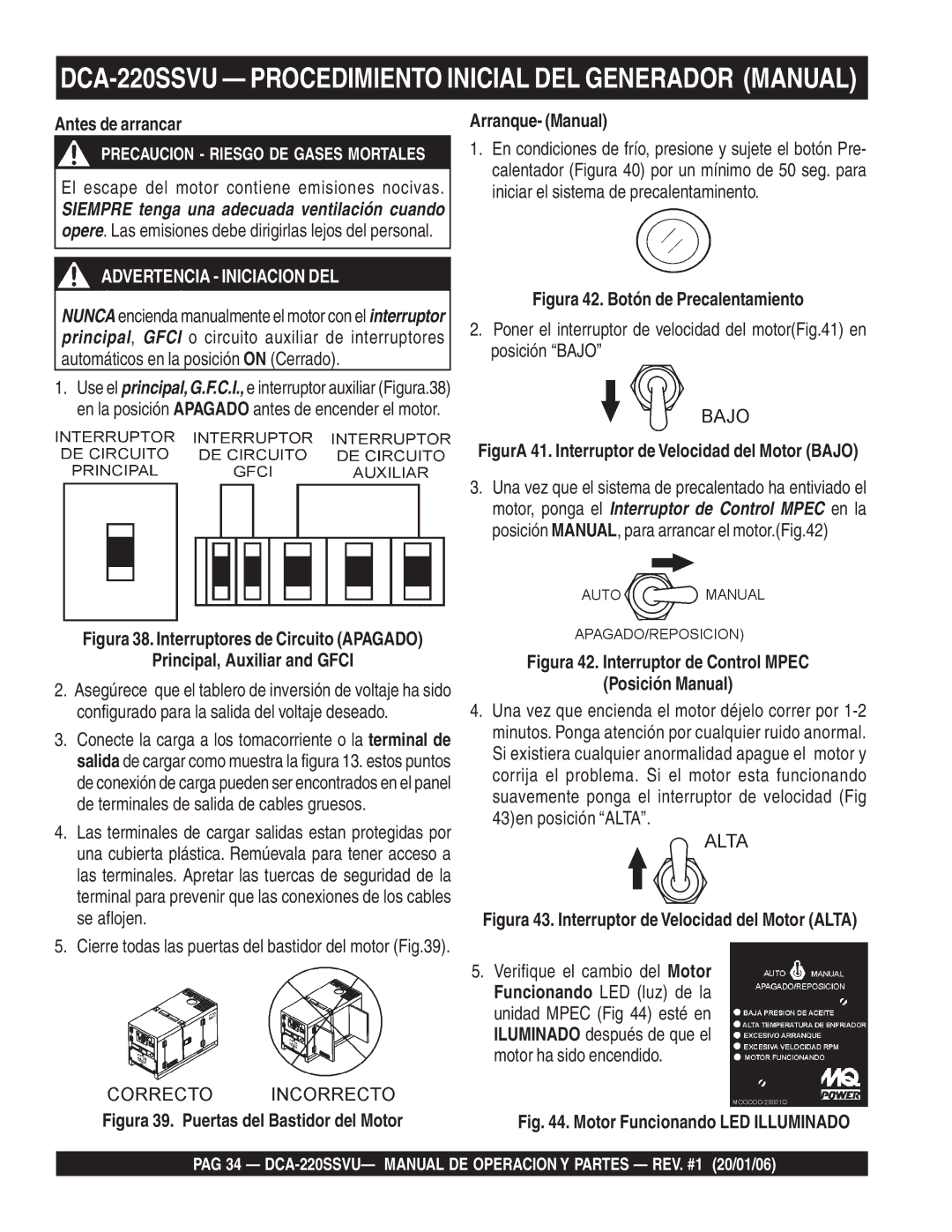 Multiquip operation manual DCA-220SSVU Procedimiento Inicial DEL Generador Manual, Antes de arrancar, Arranque- Manual 