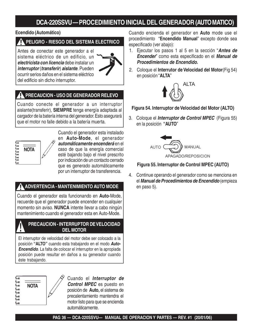 Multiquip DCA-220SSVU operation manual Ecendido Automático, DEL Motor 