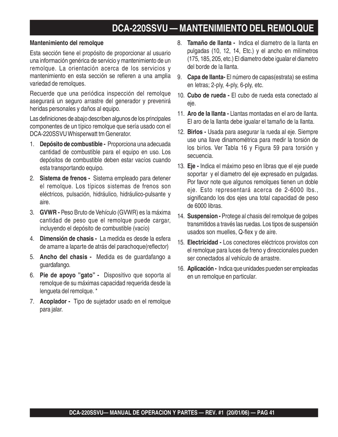 Multiquip operation manual DCA-220SSVU Mantenimiento DEL Remolque, Mantenimiento del remolque 