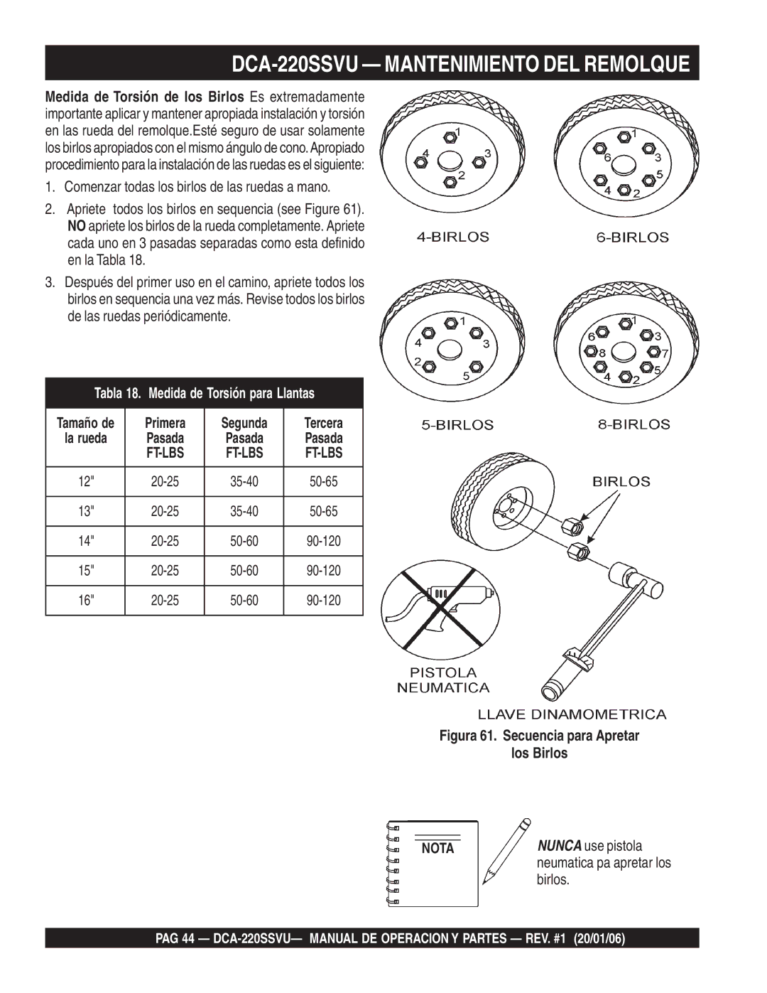 Multiquip operation manual DCA-220SSVU Mantenimiento DEL Remolque, Primera, Tercera, Pasada 