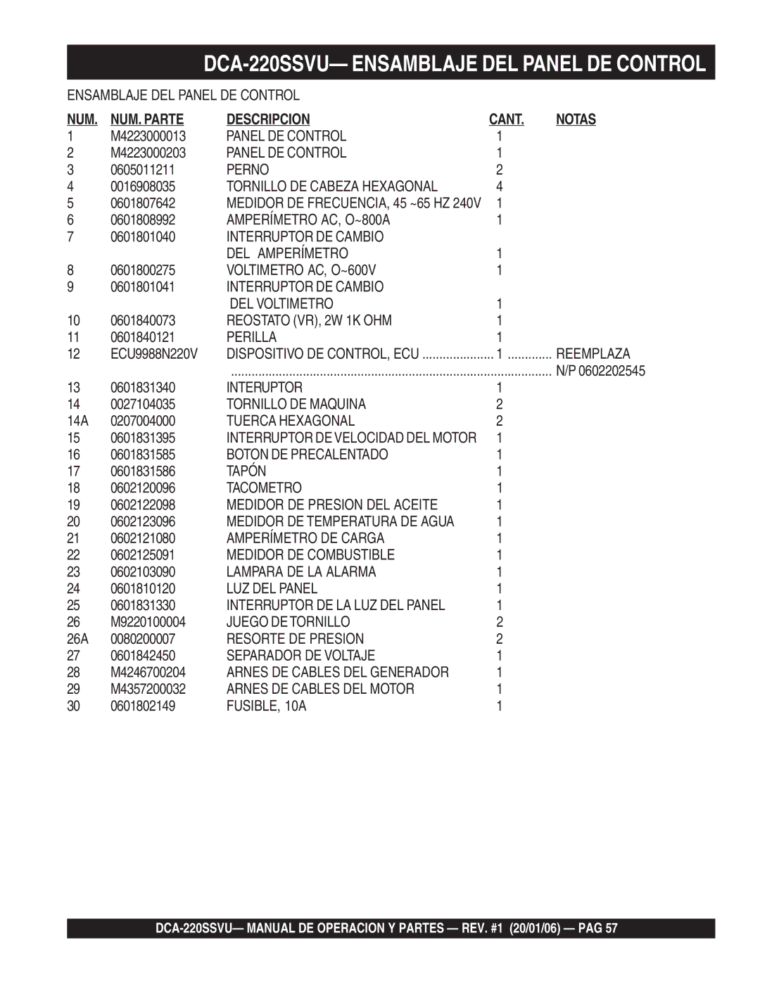 Multiquip DCA-220SSVU M4223000013, M4223000203, 0605011211, 0016908035, 0601807642, 0601808992, 0601801040, 0601800275 