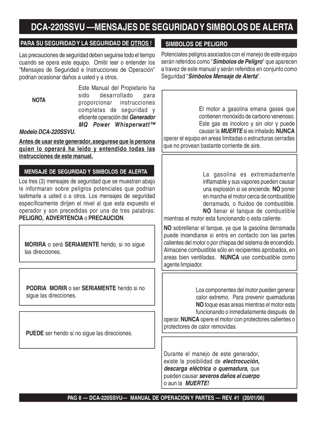 Multiquip operation manual DCA-220SSVU -MENSAJES DE Seguridady Simbolos DE Alerta 