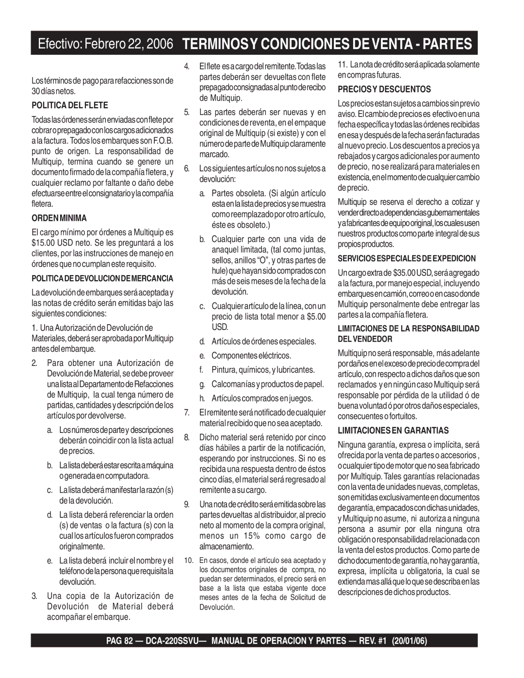 Multiquip DCA-220SSVU operation manual Terminosy Condiciones Deventa Partes, Politica DEL Flete 