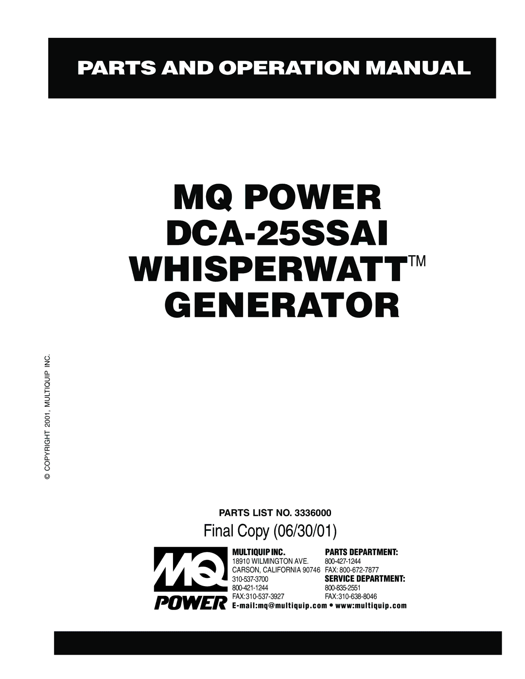 Multiquip operation manual MQ Power DCA-25SSAI Whisperwatttm Generator 