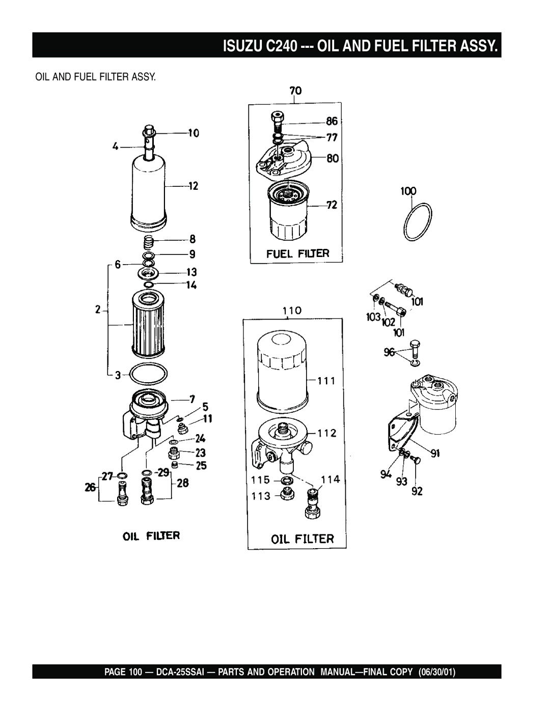 Multiquip DCA-25SSAI operation manual Isuzu C240 --- OIL and Fuel Filter Assy 