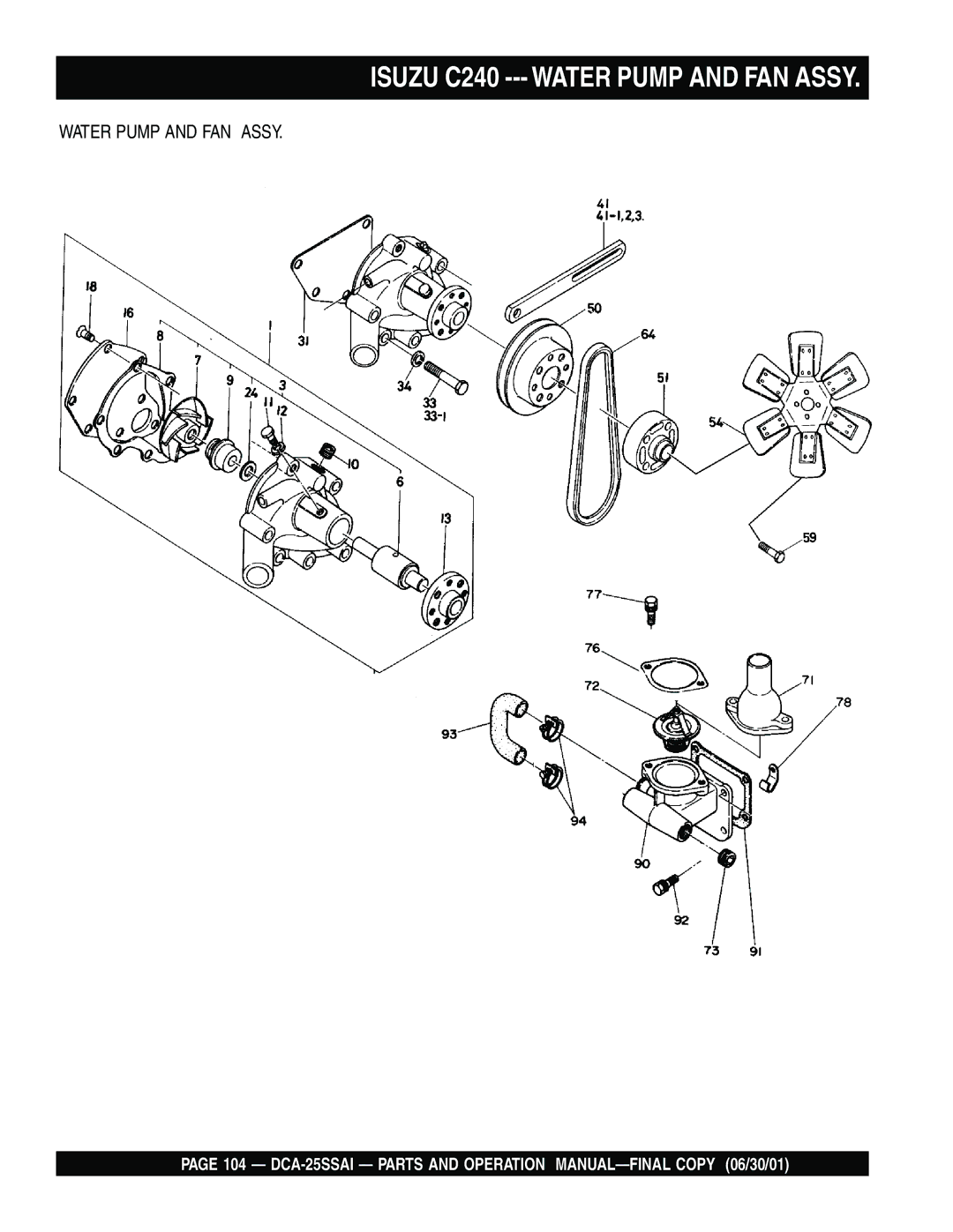 Multiquip DCA-25SSAI operation manual Isuzu C240 --- Water Pump and FAN Assy 