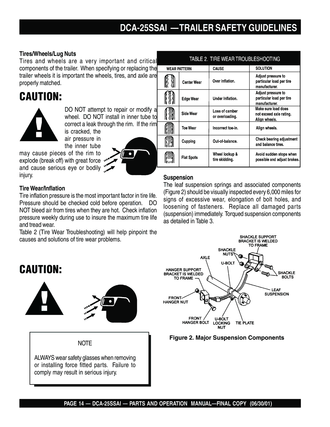 Multiquip operation manual DCA-25SSAI -TRAILER Safety Guidelines, Tires/Wheels/Lug Nuts, Tire Wear/Inflation, Suspension 