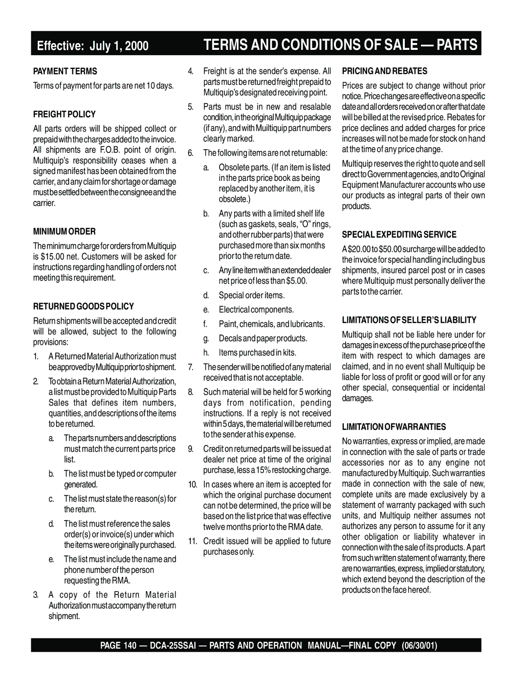 Multiquip DCA-25SSAI operation manual Effective July 1 