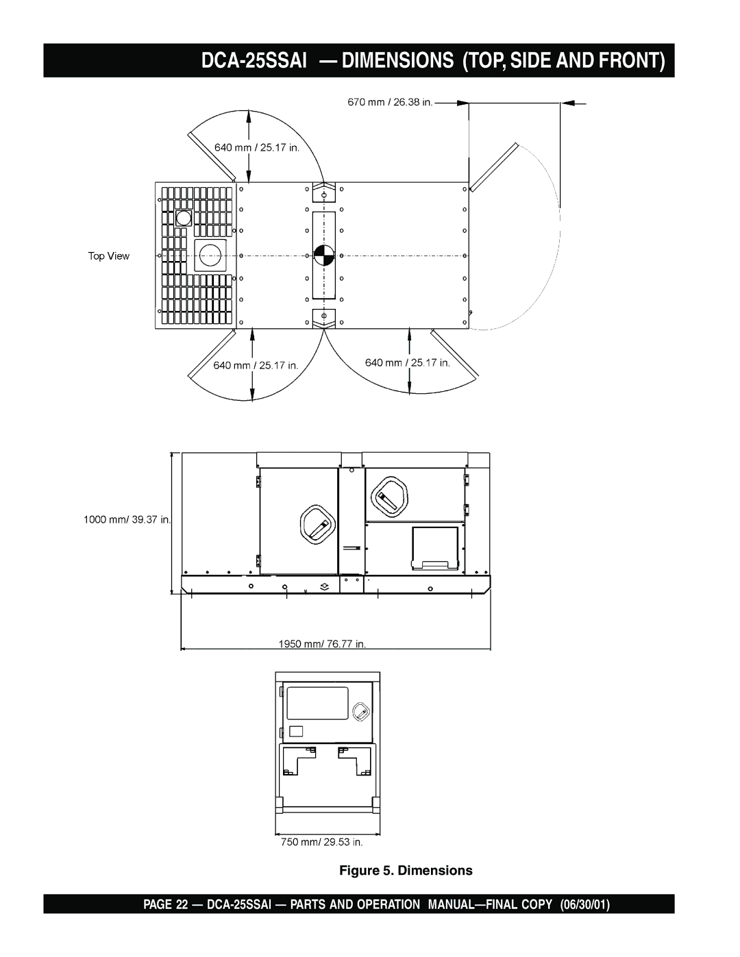 Multiquip operation manual DCA-25SSAI Dimensions TOP, Side and Front 