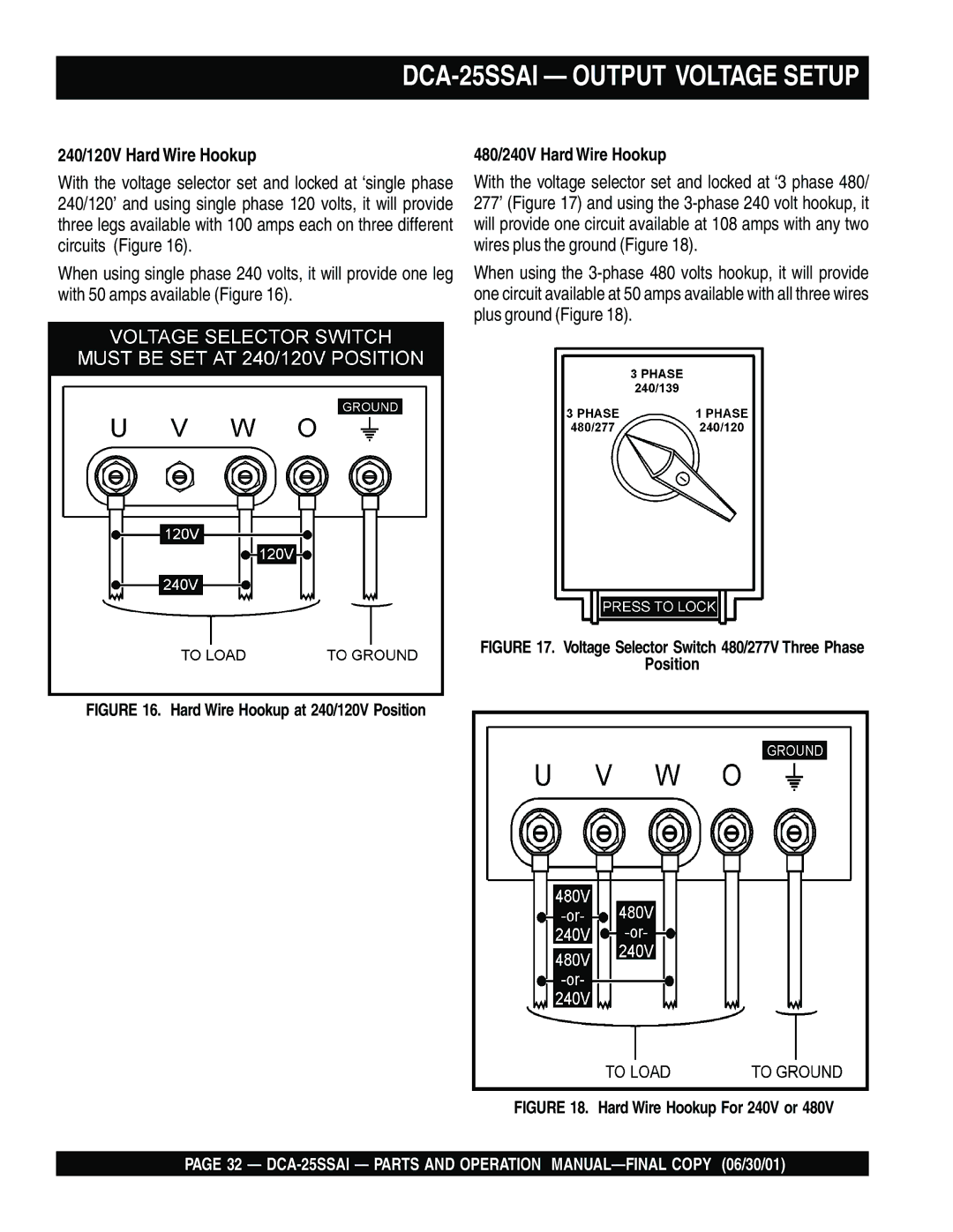 Multiquip operation manual DCA-25SSAI Output Voltage Setup, 240/120V Hard Wire Hookup 