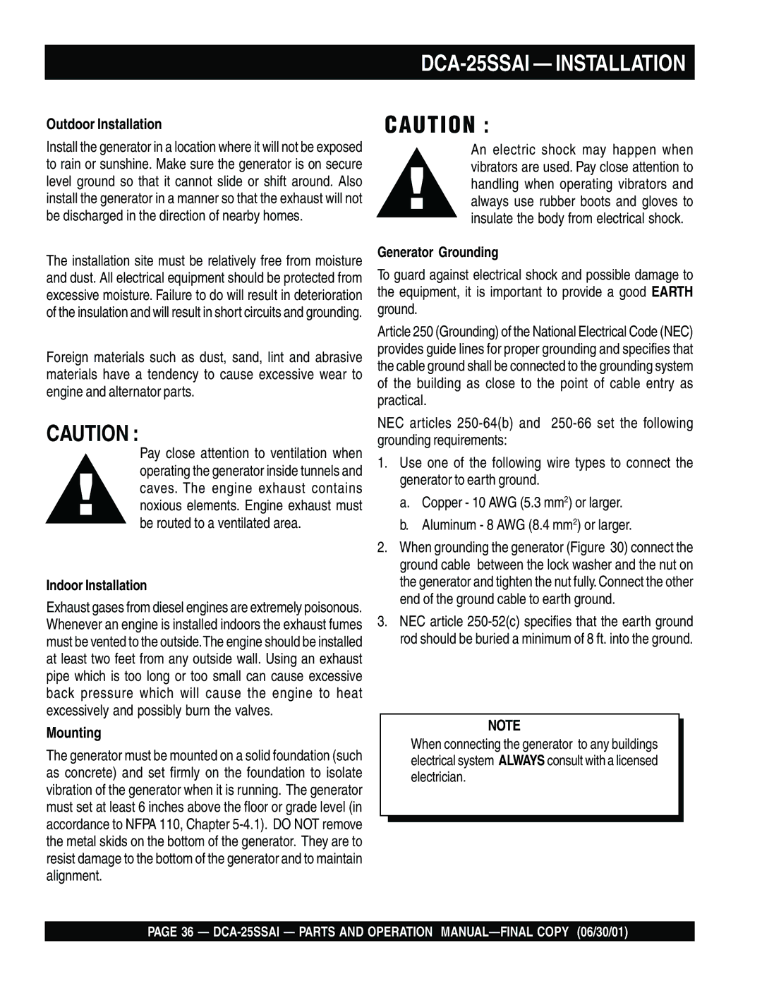 Multiquip operation manual DCA-25SSAI Installation, Outdoor Installation, Mounting 