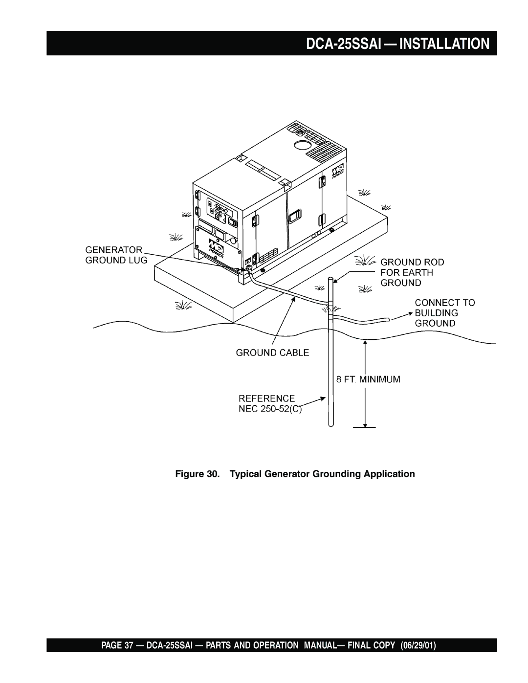 Multiquip operation manual DCA-25SSAI Installation, Typical Generator Grounding Application 