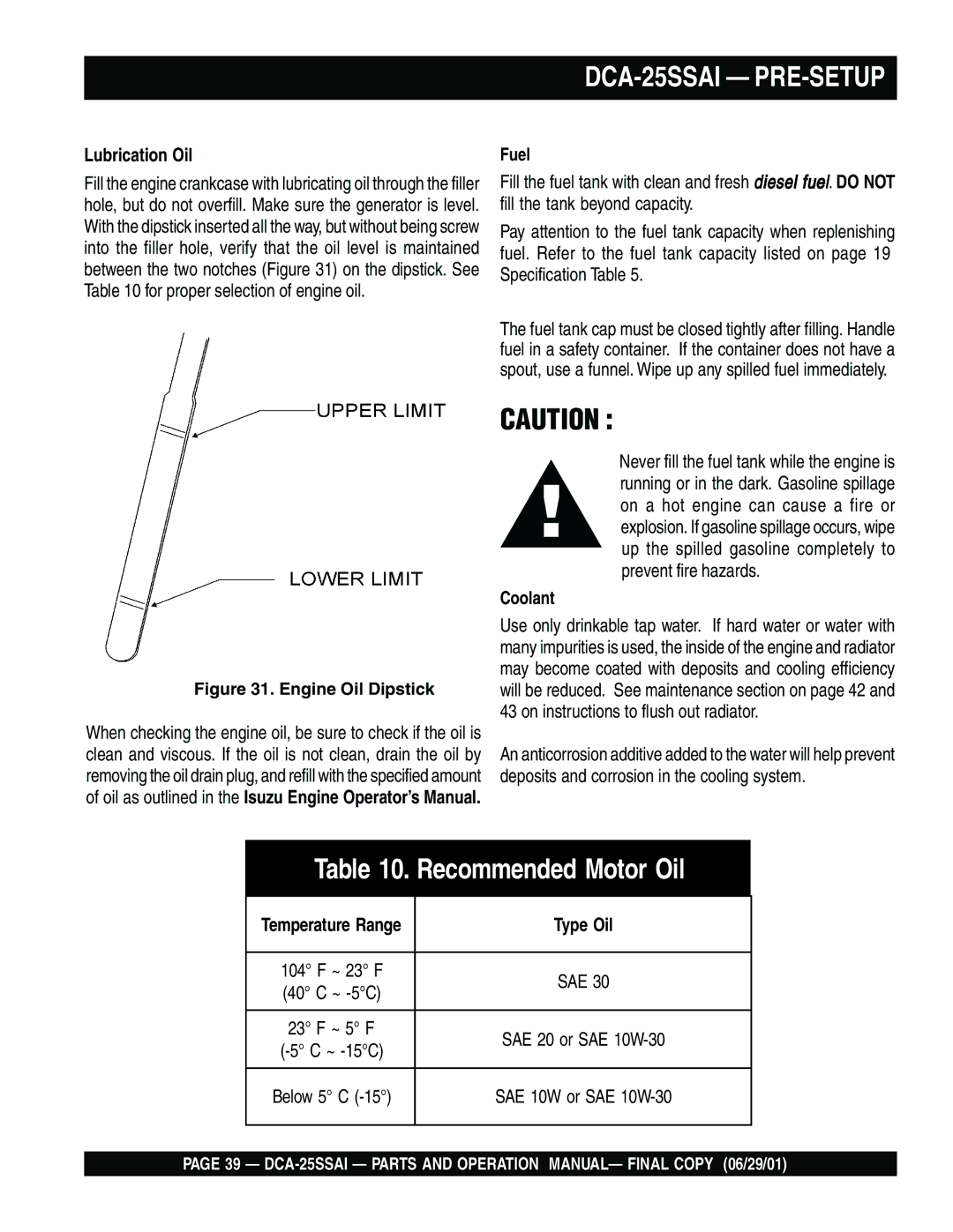 Multiquip DCA-25SSAI operation manual Lubrication Oil, Coolant 