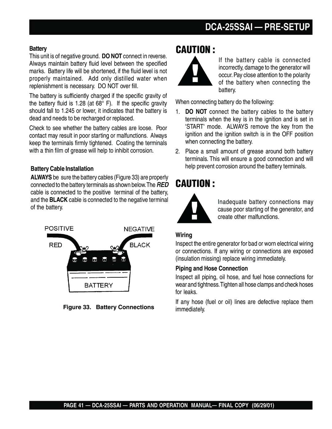 Multiquip operation manual DCA-25SSAI PRE-SETUP, Battery Cable Installation, Wiring, Piping and Hose Connection 