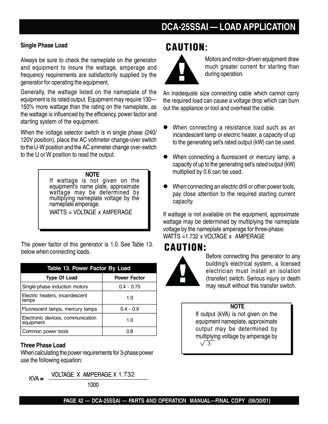 Multiquip operation manual DCA-25SSAI Load Application, Single Phase Load, Three Phase Load 