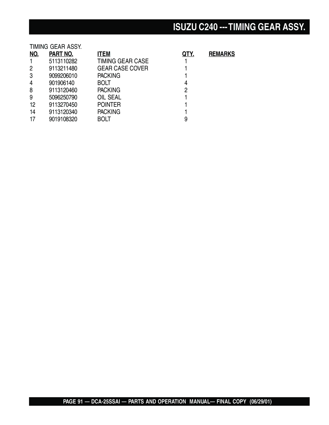 Multiquip DCA-25SSAI operation manual Isuzu C240 ---TIMING Gear Assy 