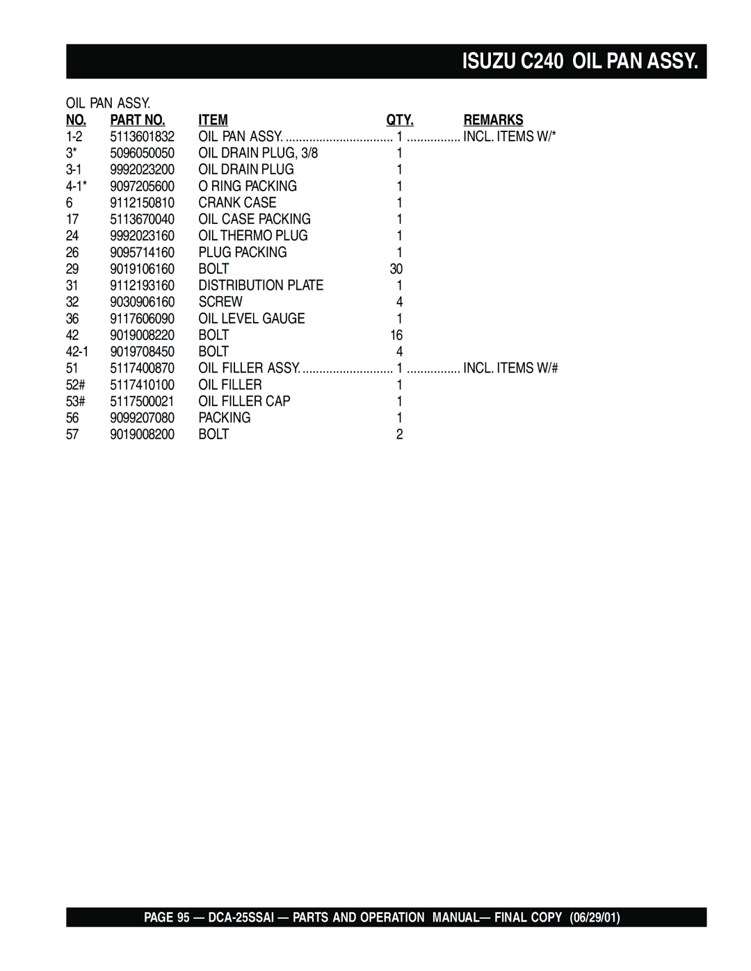 Multiquip DCA-25SSAI operation manual Isuzu C240 OIL PAN Assy 